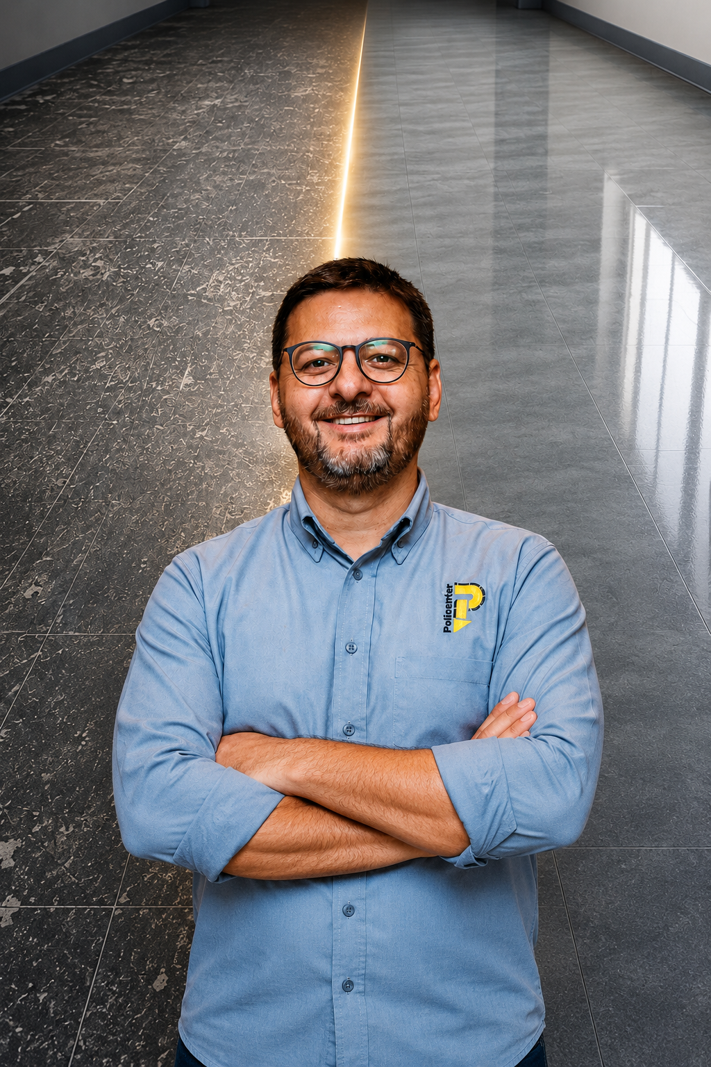 Imagem de divulgação com Alessandro Gonçalves diante de uma representação de piso vinílico desgastado e recuperado